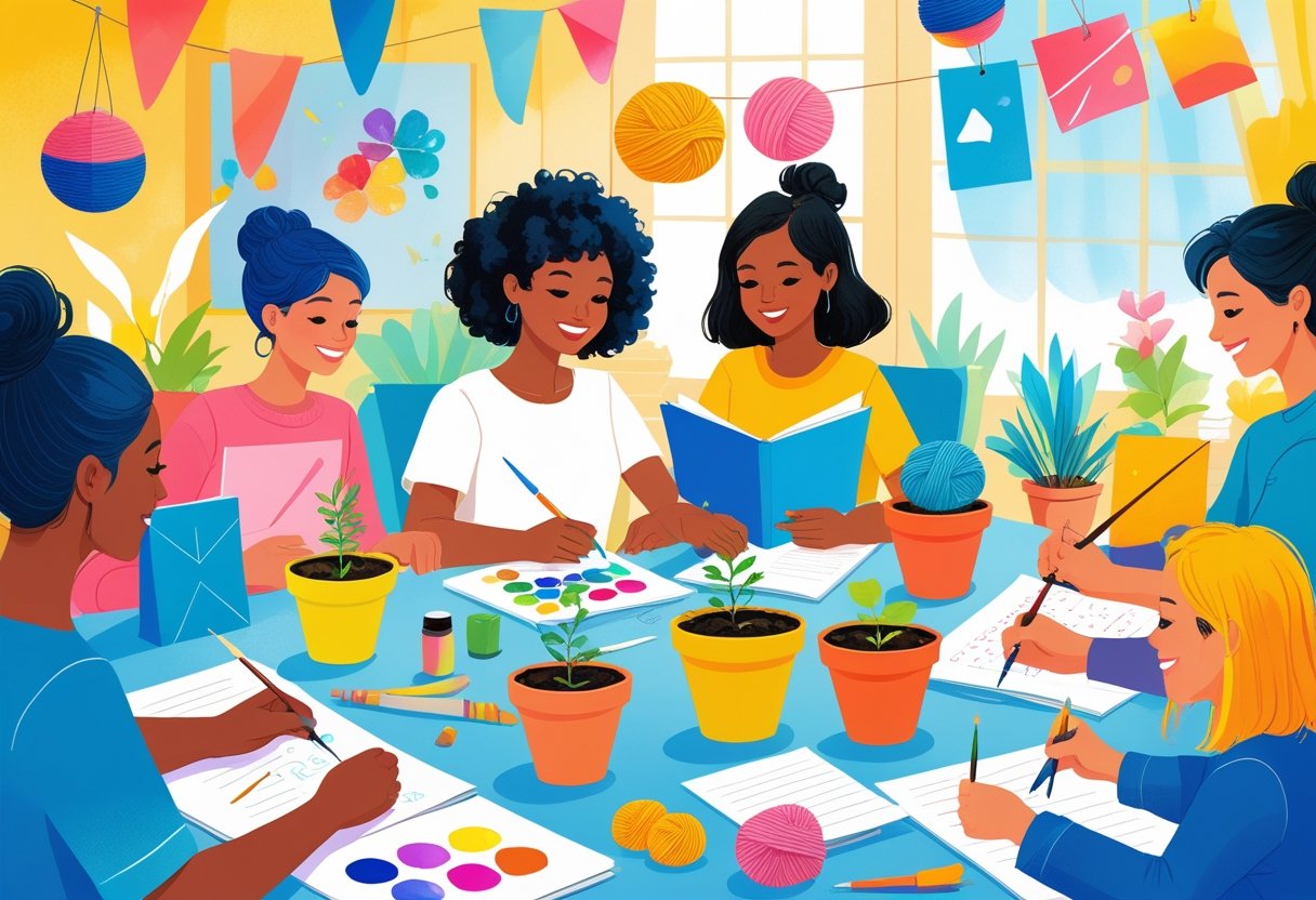 People enjoying various affordable creative hobbies such as painting, knitting, writing, planting, and paper crafting in a bright, cozy indoor setting.