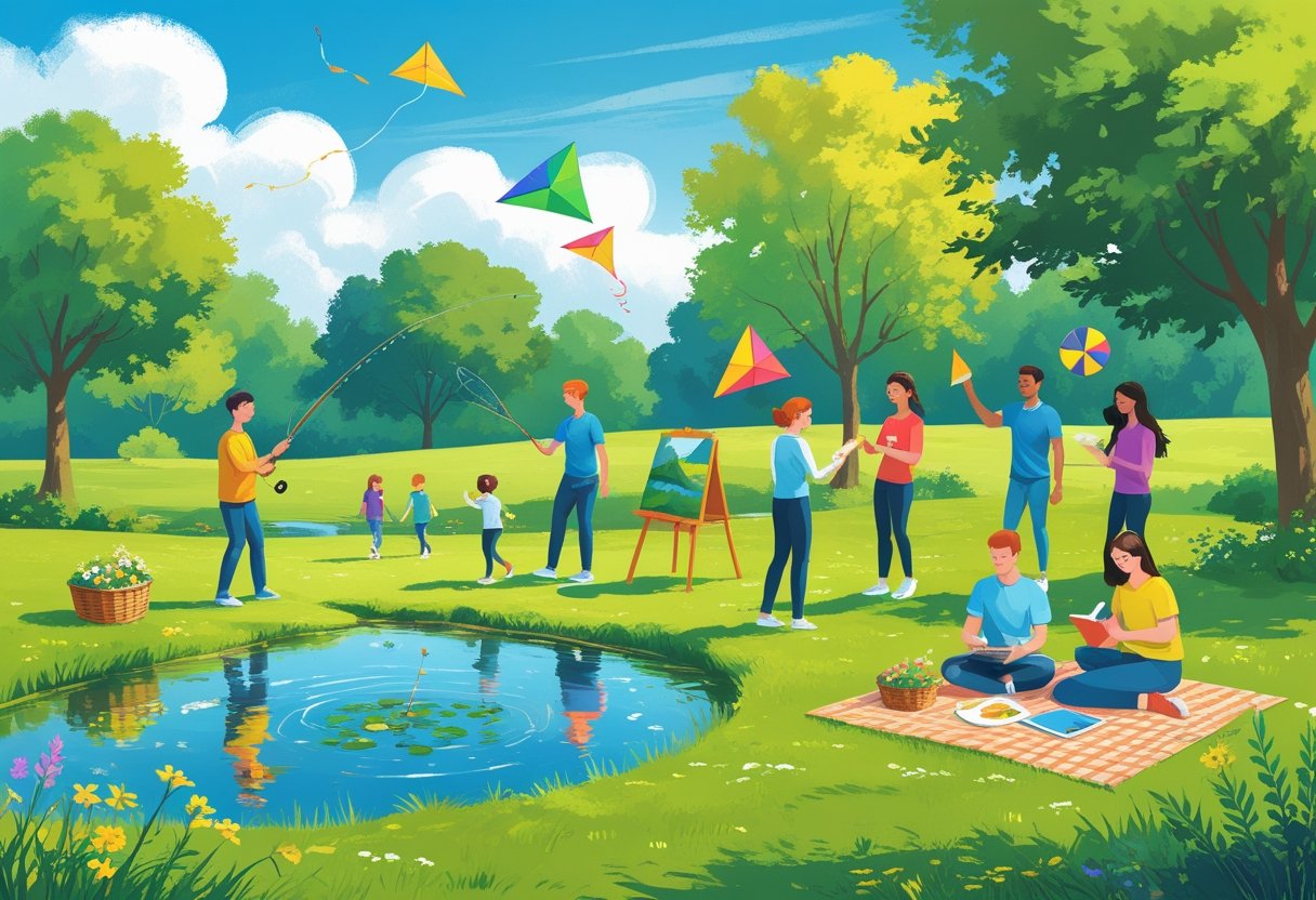 People enjoying various simple outdoor activities in a sunny park, including fishing, kite flying, painting, playing frisbee, and reading.