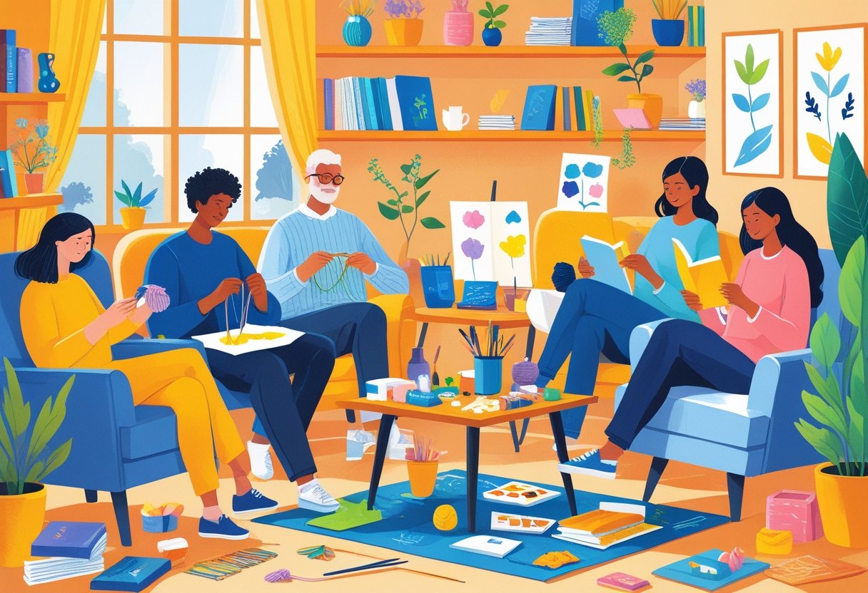 A cozy indoor room where people are enjoying various inexpensive hobbies like knitting, painting, reading, and playing board games.