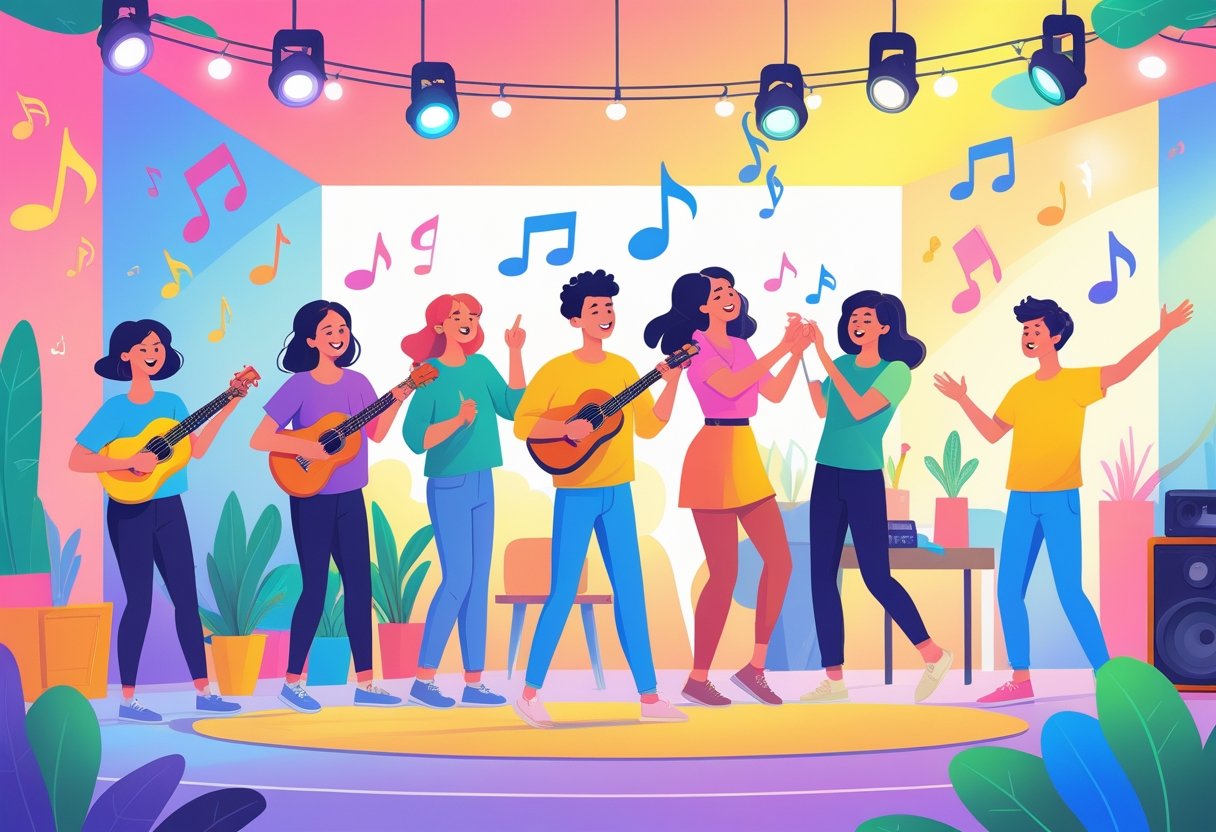 A diverse group of people playing simple musical instruments, singing, dancing, and performing magic tricks in a cozy community space.