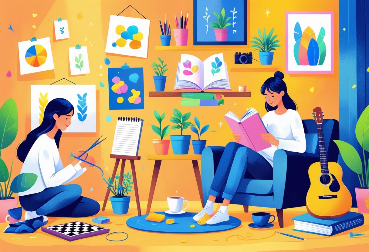 A person surrounded by various affordable hobby items like painting supplies, yarn for knitting, books, indoor plants, a chessboard, a guitar, and a journal in a warm, cozy room.