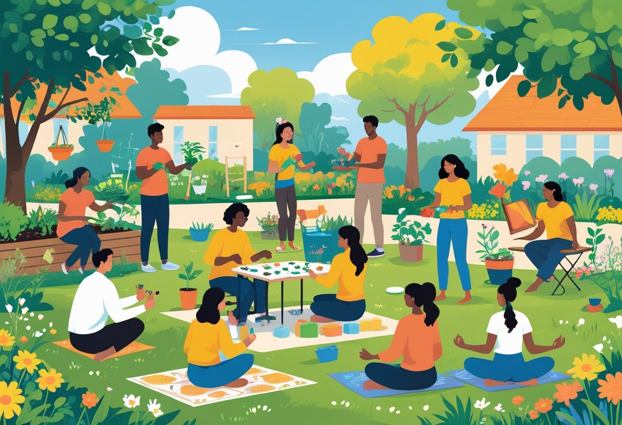 A diverse group of people enjoying various affordable social and community activities outdoors, including gardening, playing board games, painting, having a picnic, and practicing yoga.