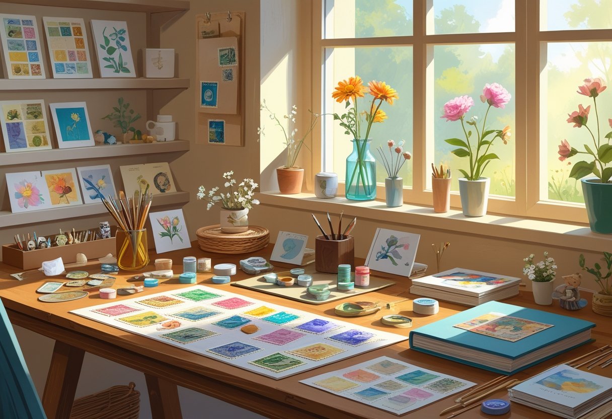 A cozy workspace with various small hobby items like stamps, coins, art supplies, and yarn arranged on a wooden table near a window, with shelves holding collections in the background.