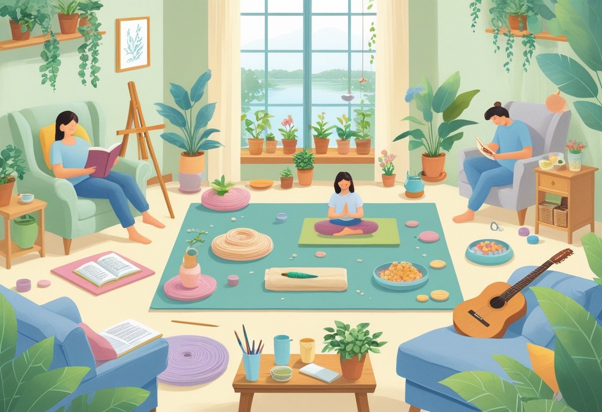 A peaceful indoor scene showing people engaged in various relaxing hobbies like reading, yoga, painting, knitting, gardening, playing guitar, journaling, meditating, brewing tea, assembling puzzles, baking, calligraphy, stretching, listening to music, birdwatching, fishing, pottery, photography, and walking in a garden.