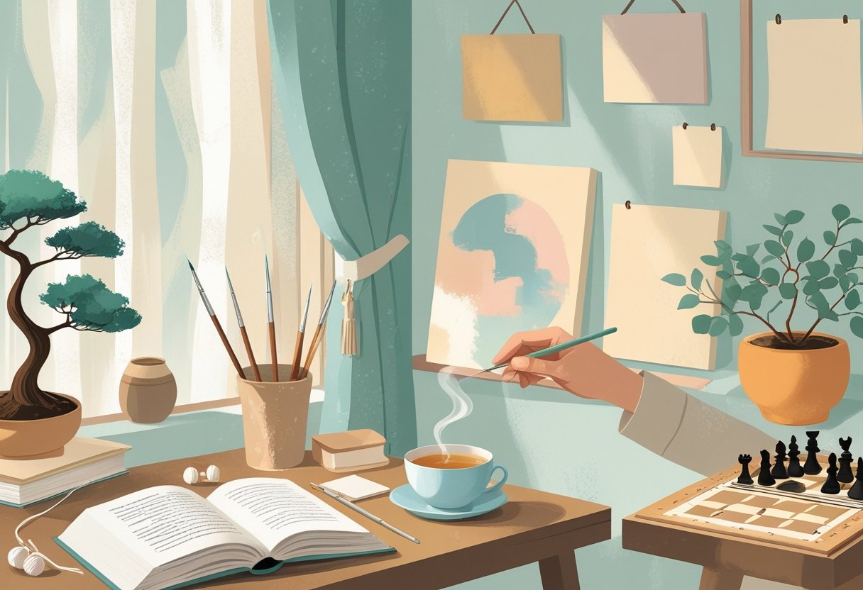A peaceful indoor scene showing various relaxing hobbies like reading, painting, knitting, journaling, playing chess, and listening to music in a cozy, sunlit room.