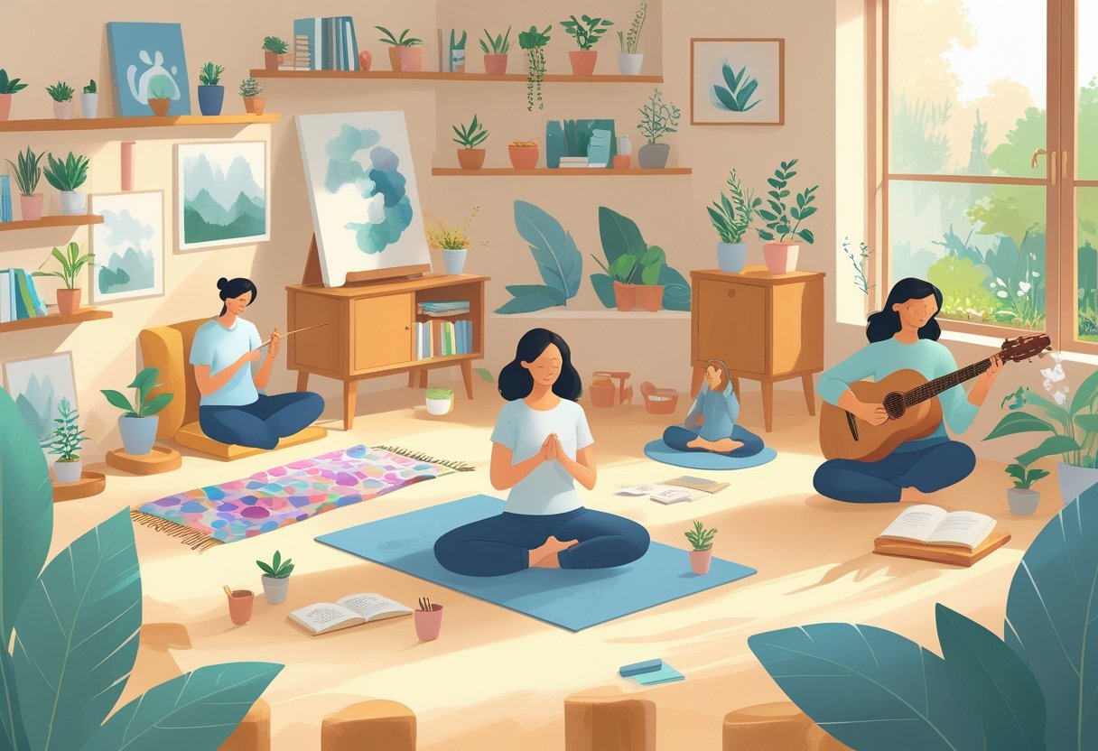 A peaceful indoor scene showing a person engaged in various relaxing hobbies like painting, knitting, reading, yoga, gardening, journaling, and playing music, surrounded by cozy furniture and natural light.