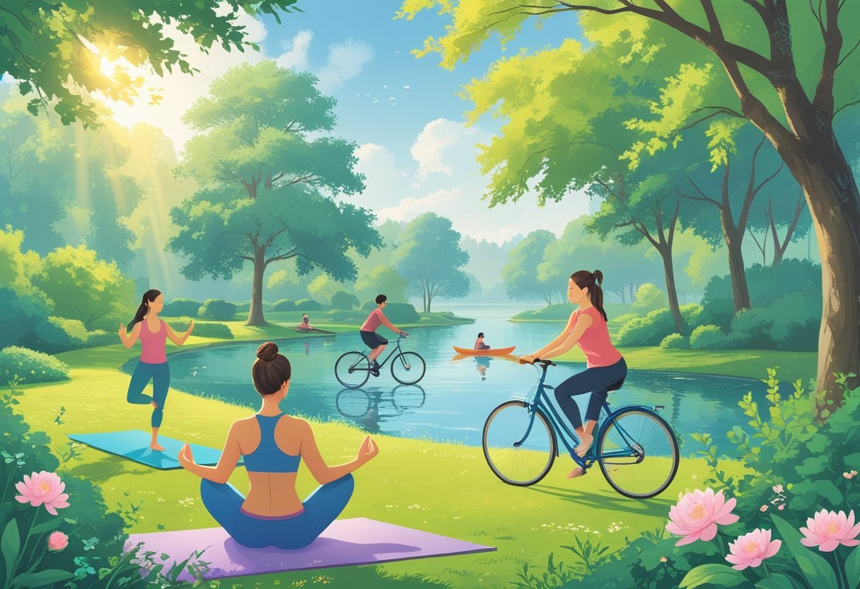 People practicing yoga, cycling, tai chi, and kayaking in a peaceful outdoor park with trees, flowers, and a calm lake.