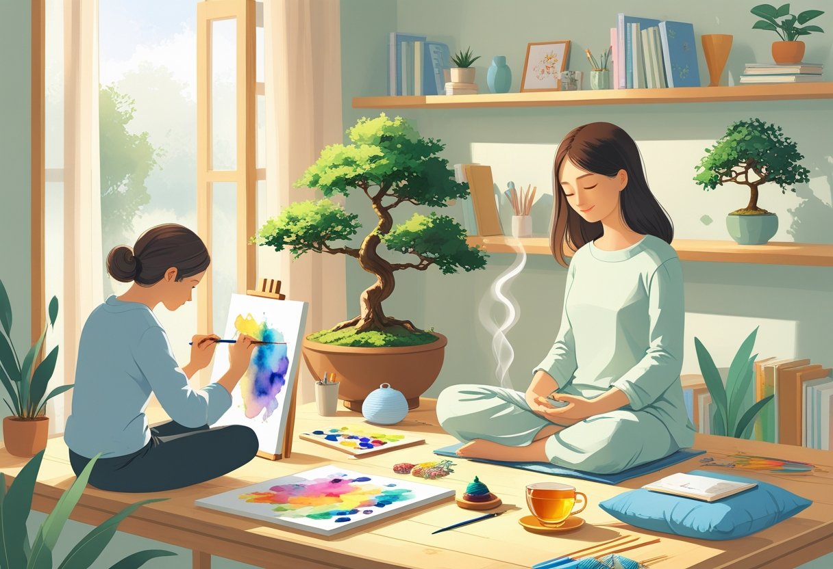 A calm indoor scene showing people engaged in relaxing hobbies like painting, meditating, knitting, journaling, and caring for plants.