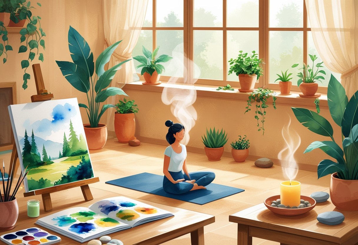 A peaceful room showing people engaging in calming activities like painting, yoga, reading, and enjoying tea, surrounded by plants and soft natural light.