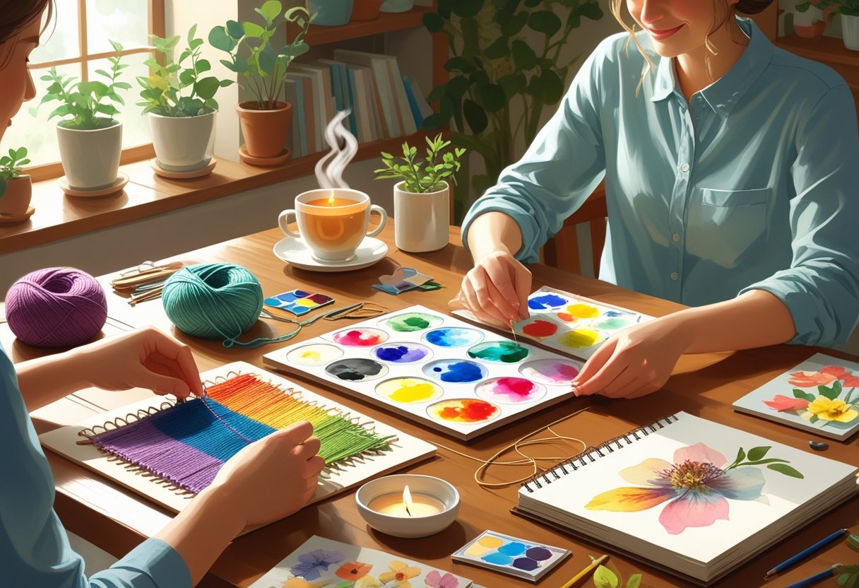 Hands engaged in various relaxing hobbies like knitting, painting, model building, and flower arranging on a wooden table in a cozy, sunlit room.