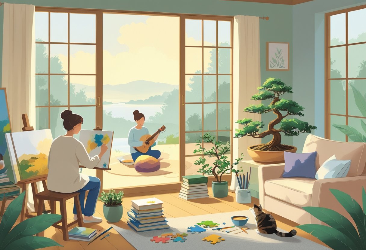 A peaceful indoor scene showing people engaging in relaxing hobbies like painting, playing guitar, reading, knitting, and enjoying tea in a cozy room with natural light and plants.