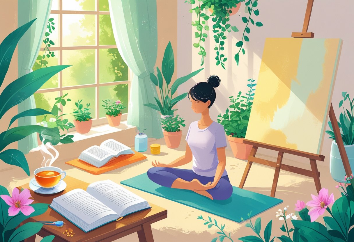 A peaceful indoor scene showing people engaging in relaxing hobbies like reading, yoga, painting, and gardening surrounded by plants and natural light.