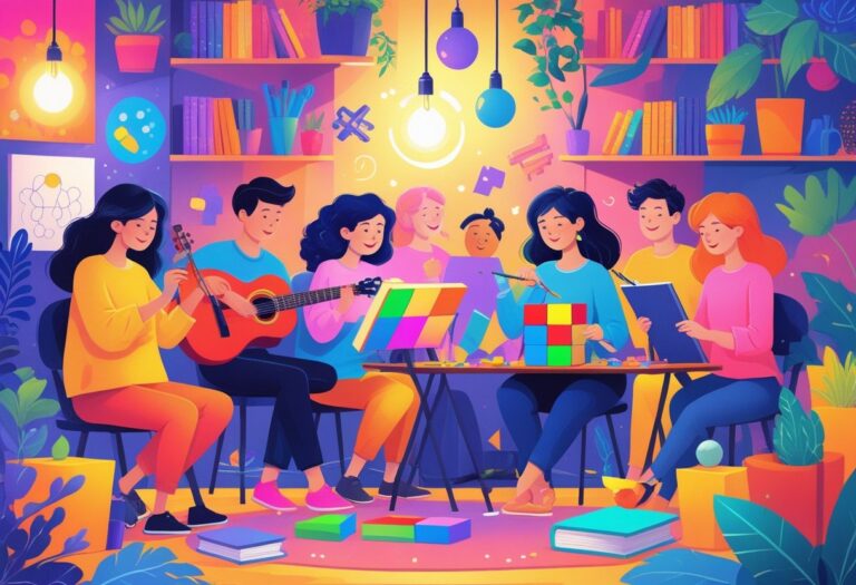 A group of people engaged in painting, playing instruments, solving puzzles, writing, and meditating in a cozy room filled with books and plants.