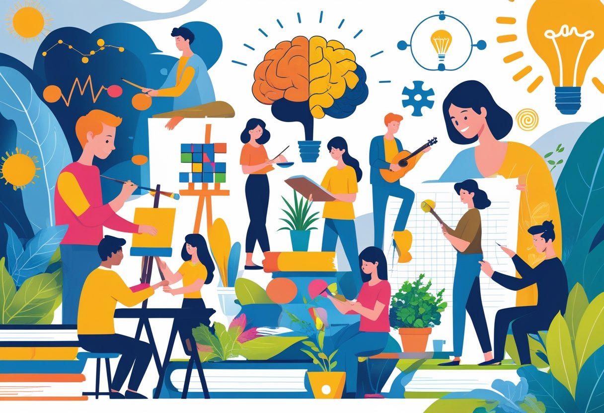 People engaged in different hobbies like painting, playing music, solving puzzles, writing, and gardening, surrounded by symbols representing brain activity.