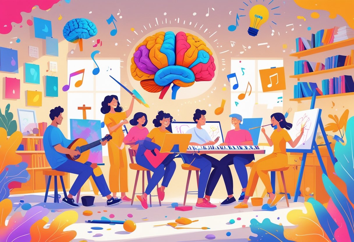 A group of people engaged in various creative activities like painting, playing instruments, writing, sculpting, and drawing inside a bright, lively studio.