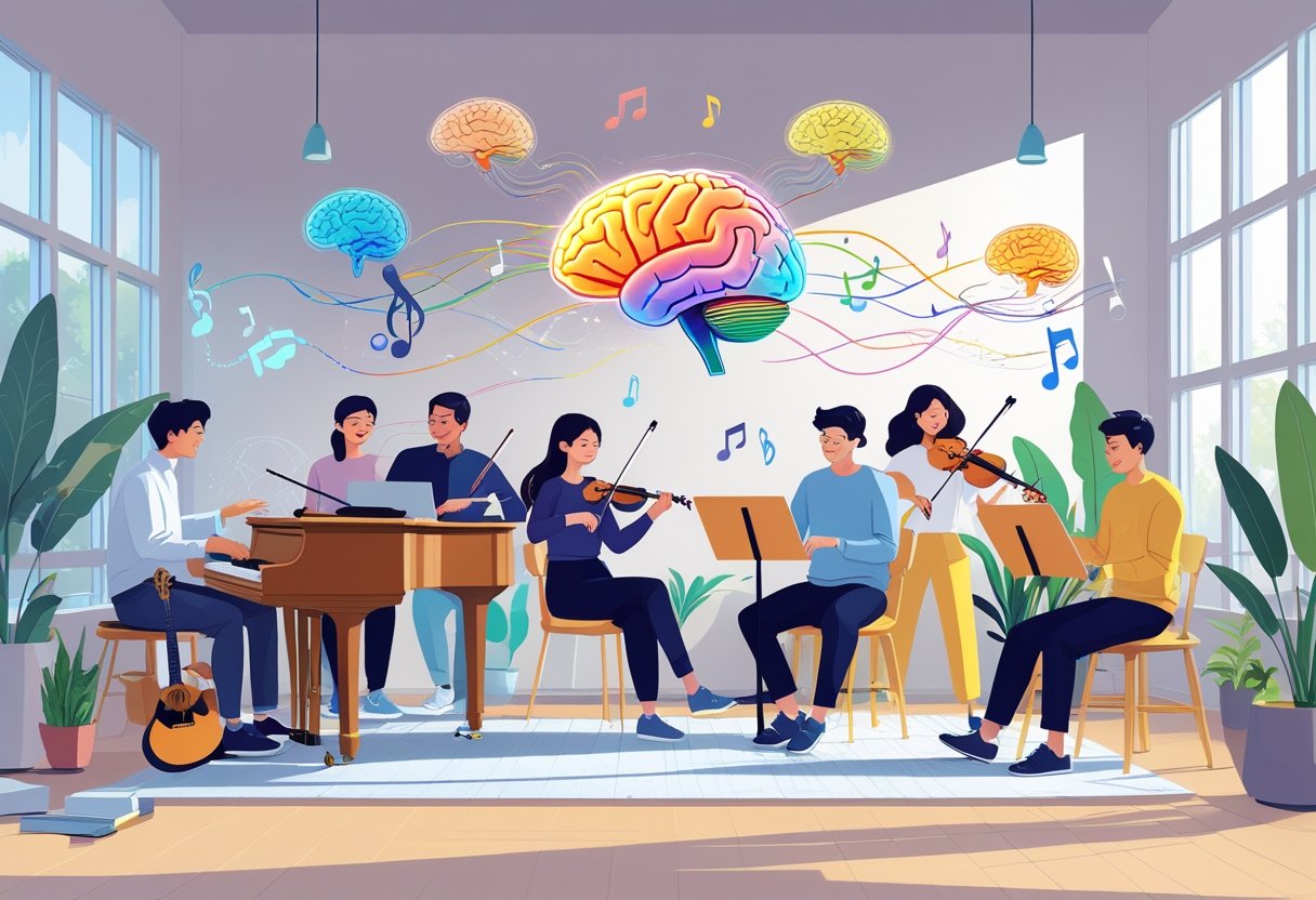 A group of people playing musical instruments and singing together in a bright room with abstract brain activity patterns around them.