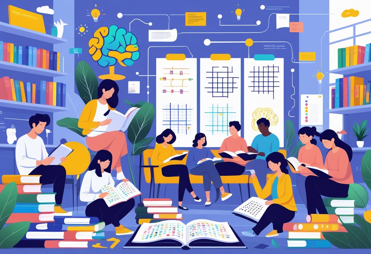 A group of people engaged in language-based hobbies like reading, writing, and solving word puzzles in a bright and inviting indoor space.