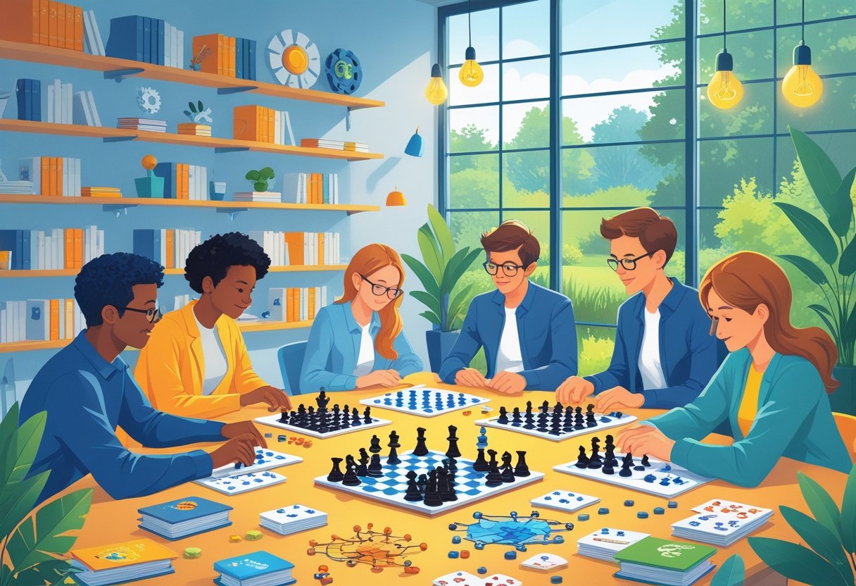 A group of people playing chess and puzzles together in a bright room filled with books and game pieces, focused on problem-solving activities.