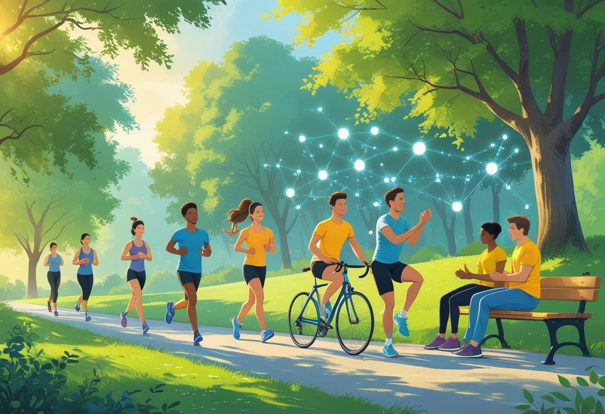 People engaging in activities like yoga, jogging, cycling, and playing chess outdoors surrounded by trees and sunlight.