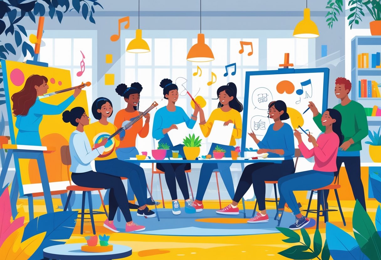A group of diverse people working together on creative activities like painting, playing music, brainstorming, and crafting in a bright and welcoming studio.