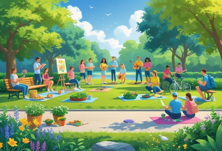 People enjoying various outdoor hobbies like reading, painting, gardening, playing guitar, yoga, cooking, cycling, birdwatching, writing, chess, hiking, fishing, frisbee, and meditating in a sunny park.