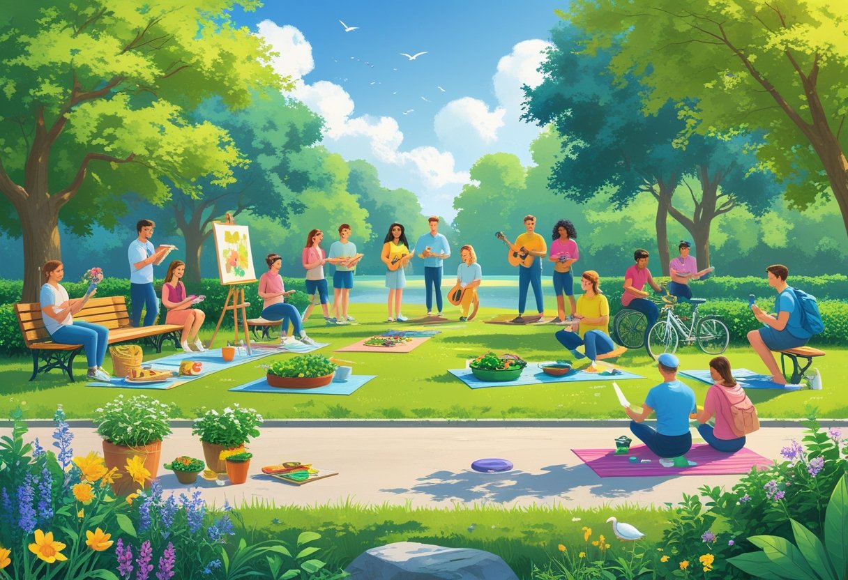 People enjoying various outdoor hobbies like reading, painting, gardening, playing guitar, yoga, cooking, cycling, birdwatching, writing, chess, hiking, fishing, frisbee, and meditating in a sunny park.