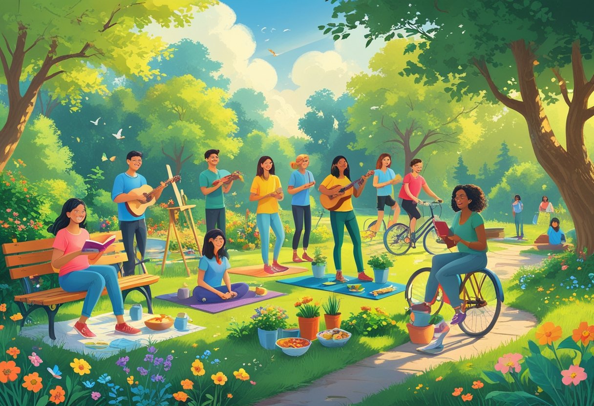 People of different ages and backgrounds enjoying various hobbies outdoors and indoors, such as gardening, painting, reading, playing music, cooking, hiking, and doing yoga.