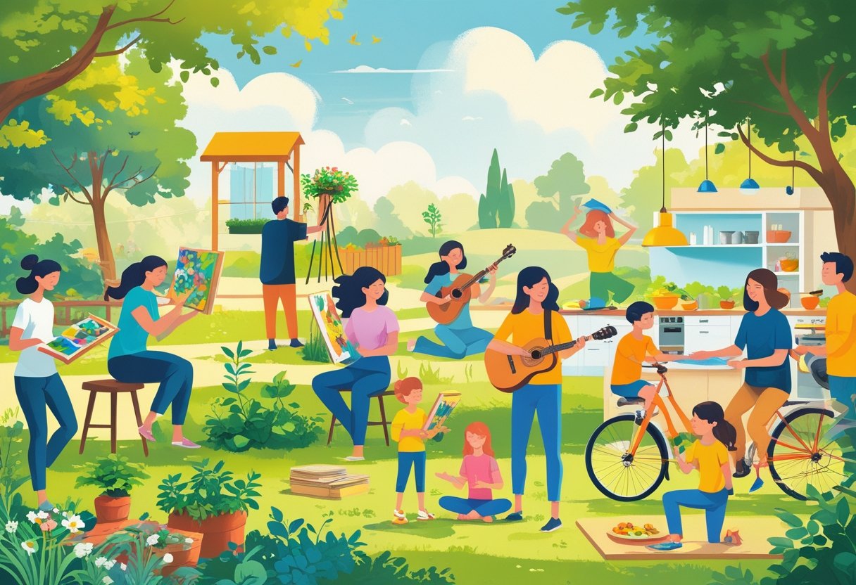 People engaging in various hobbies like gardening, painting, reading, playing instruments, yoga, cooking, cycling, and building models outdoors in a sunny park.