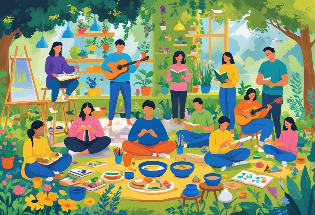 People engaged in various creative hobbies like painting, knitting, gardening, playing guitar, reading, pottery, cooking, writing, birdwatching, yoga, woodworking, sewing, board games, hiking, and photography in a bright, natural setting.
