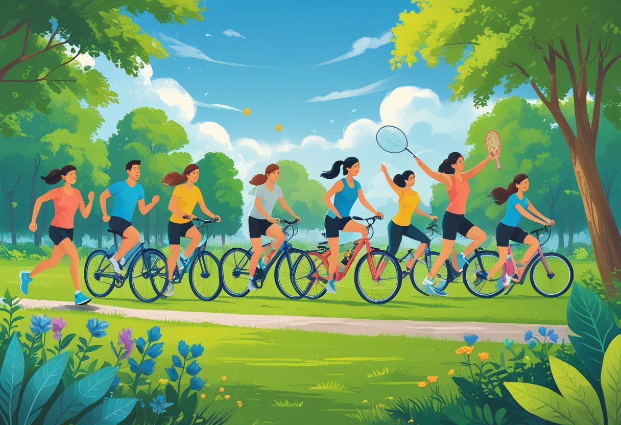 People outdoors participating in different physical activities like jogging, cycling, yoga, badminton, hiking, gardening, and skateboarding in a park setting.