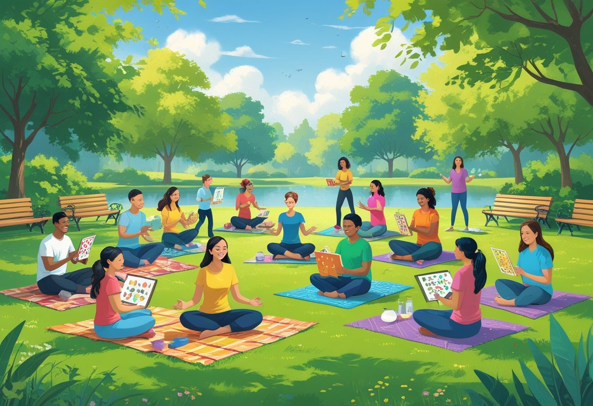 People of various ages and backgrounds enjoying group hobbies outdoors, including playing games, yoga, gardening, sports, painting, and reading together in a park.
