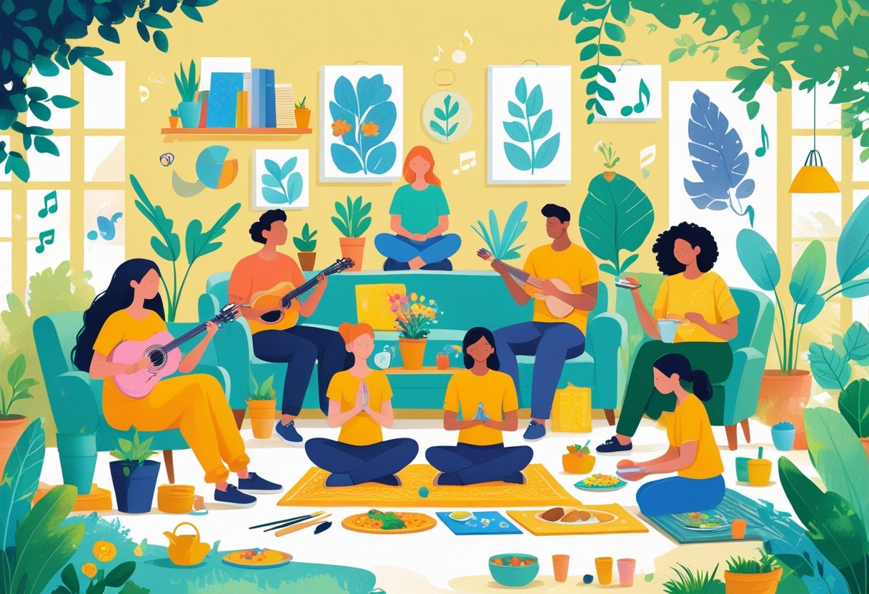 People engaged in various hobbies like painting, knitting, gardening, playing music, reading, cooking, yoga, woodworking, birdwatching, and playing board games in a bright and cozy setting without any screens.