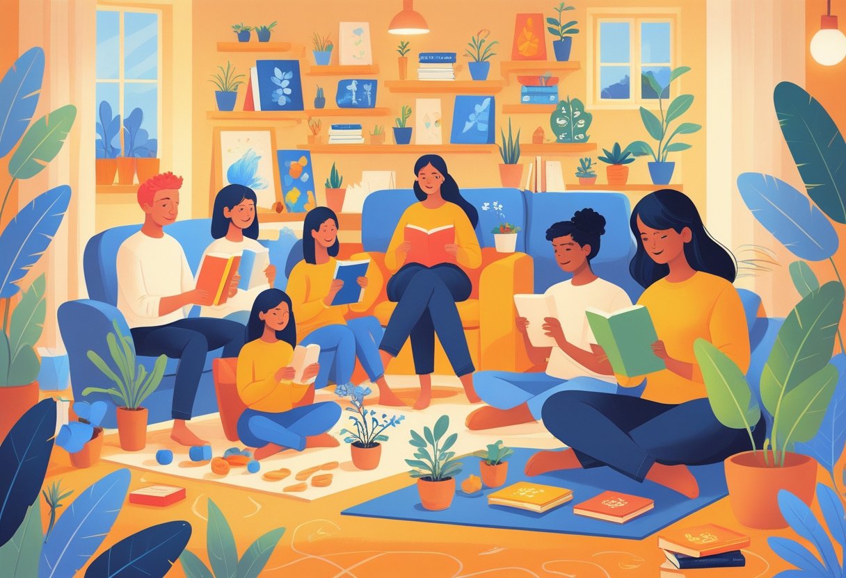 A group of people enjoying various offline hobbies indoors, including reading, painting, knitting, playing board games, gardening, and practicing yoga.