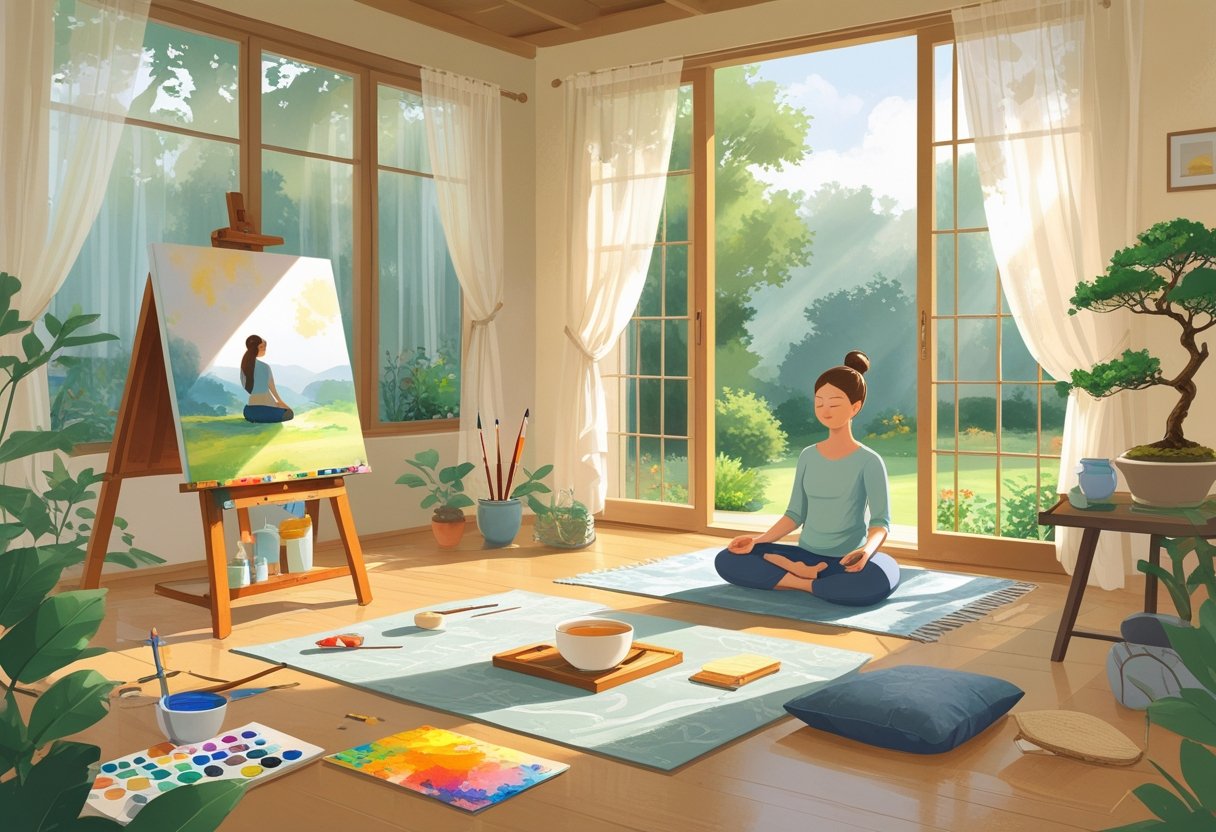 A peaceful indoor scene showing people painting, meditating, knitting, journaling, and enjoying tea in a sunlit room with a garden view.