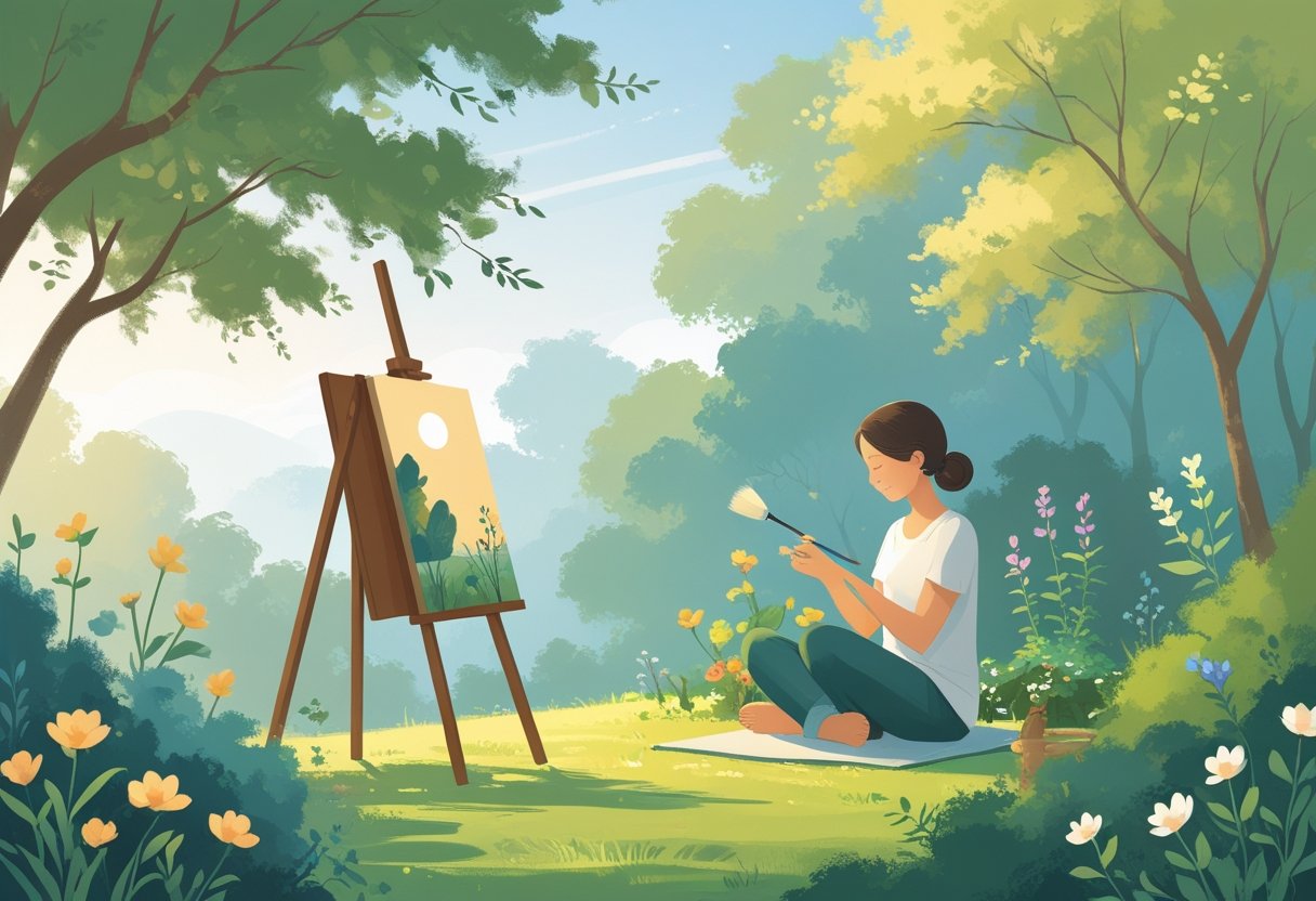 A person peacefully engaged in a calming hobby outdoors, surrounded by trees and flowers on a clear day.