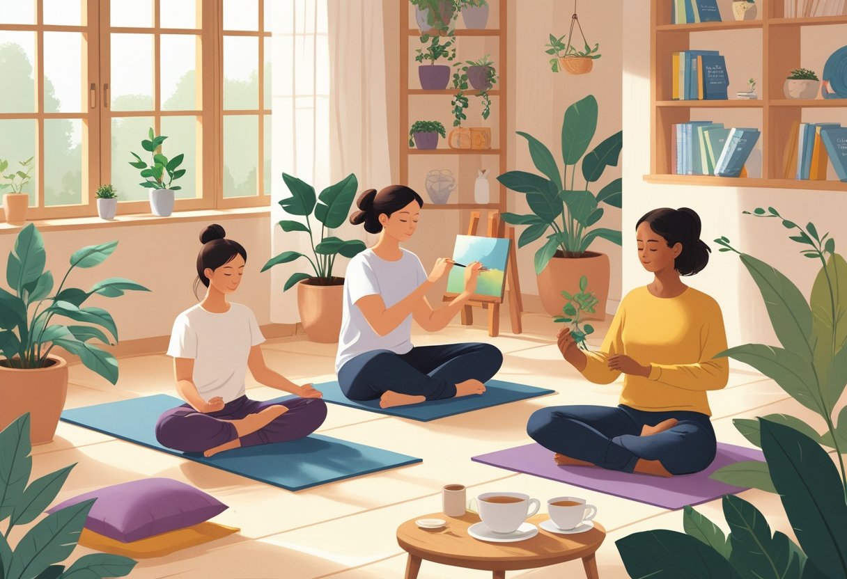 A calm indoor scene showing people practicing yoga, painting, meditating, and caring for plants to promote mindfulness and relaxation.
