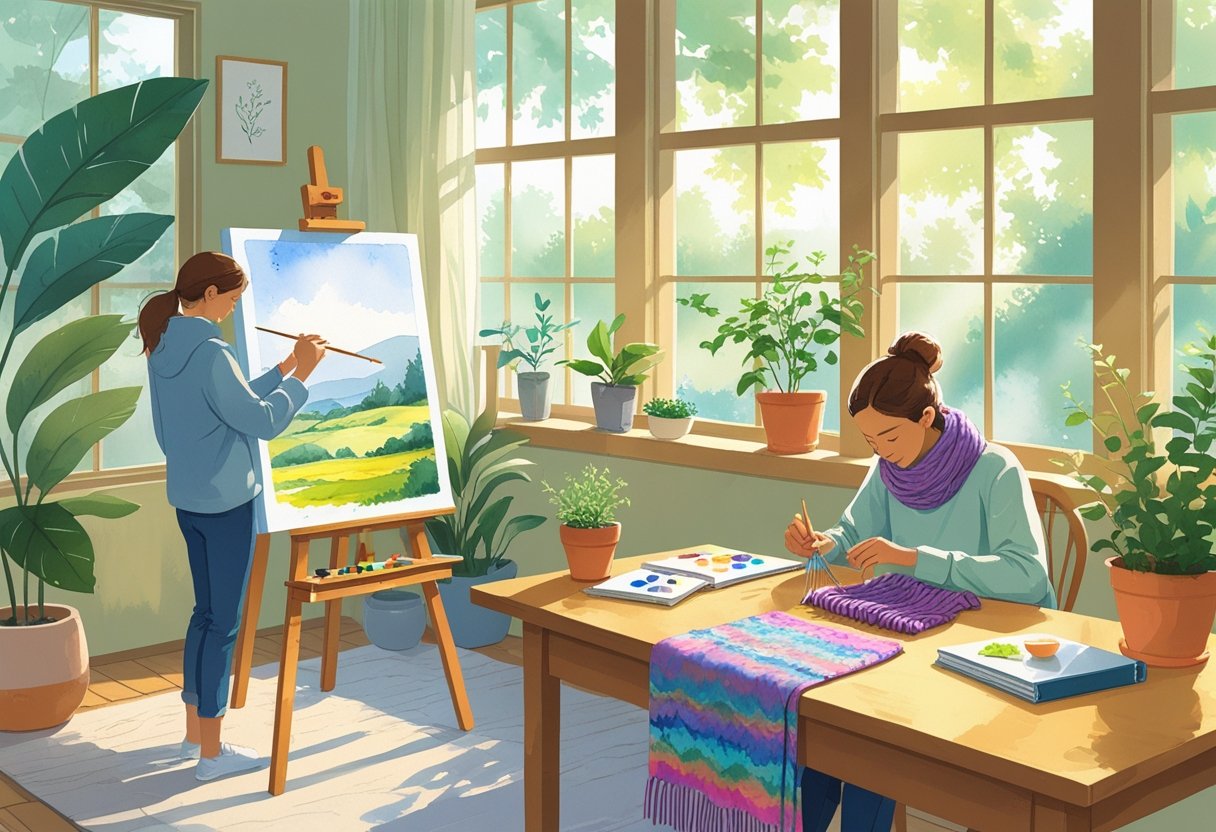 A peaceful room with people painting, knitting, and tending plants, surrounded by calming natural light and creative materials.