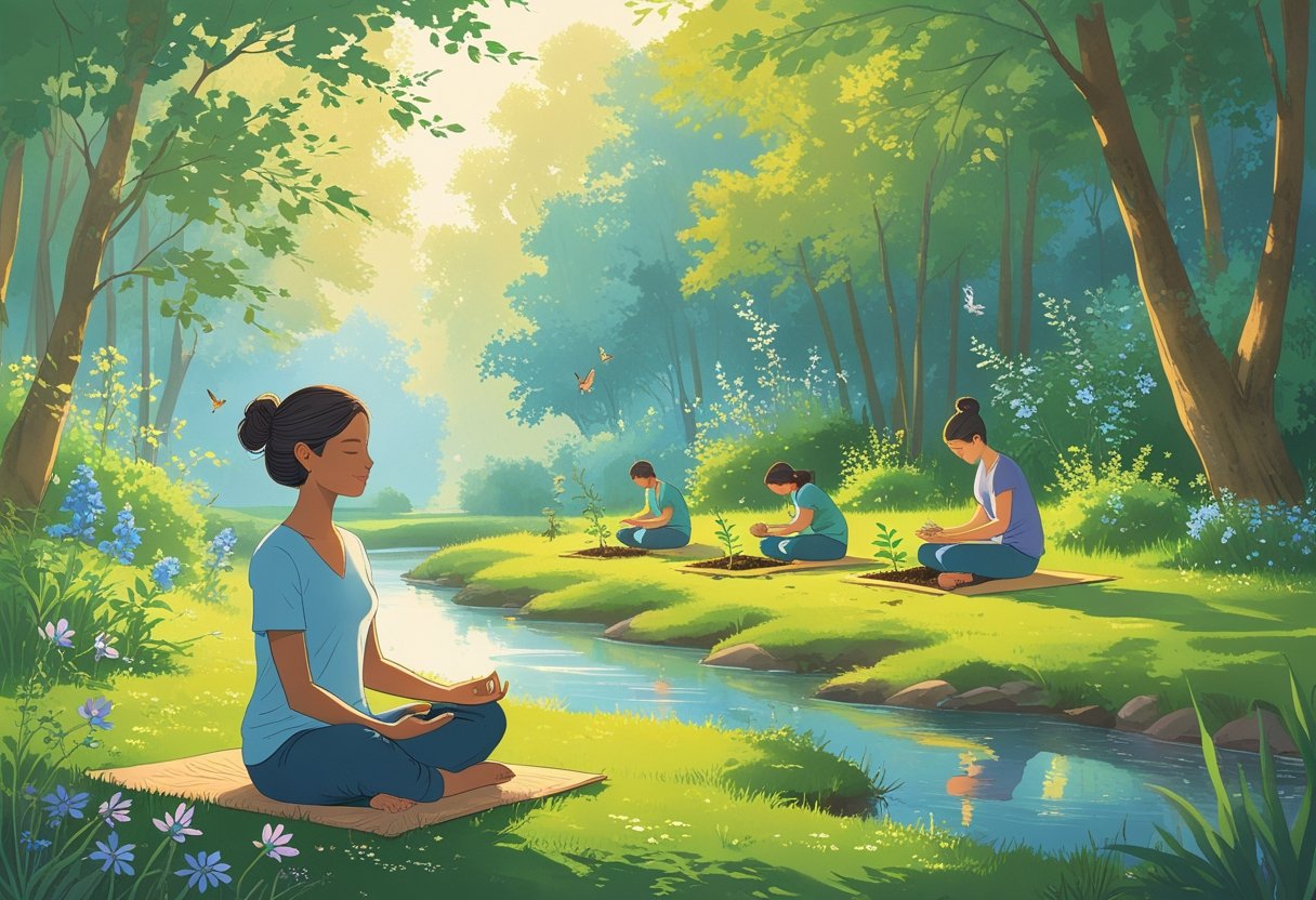 People engaged in peaceful nature activities like meditating, sketching, and gardening in a lush, green outdoor setting by a gentle stream.