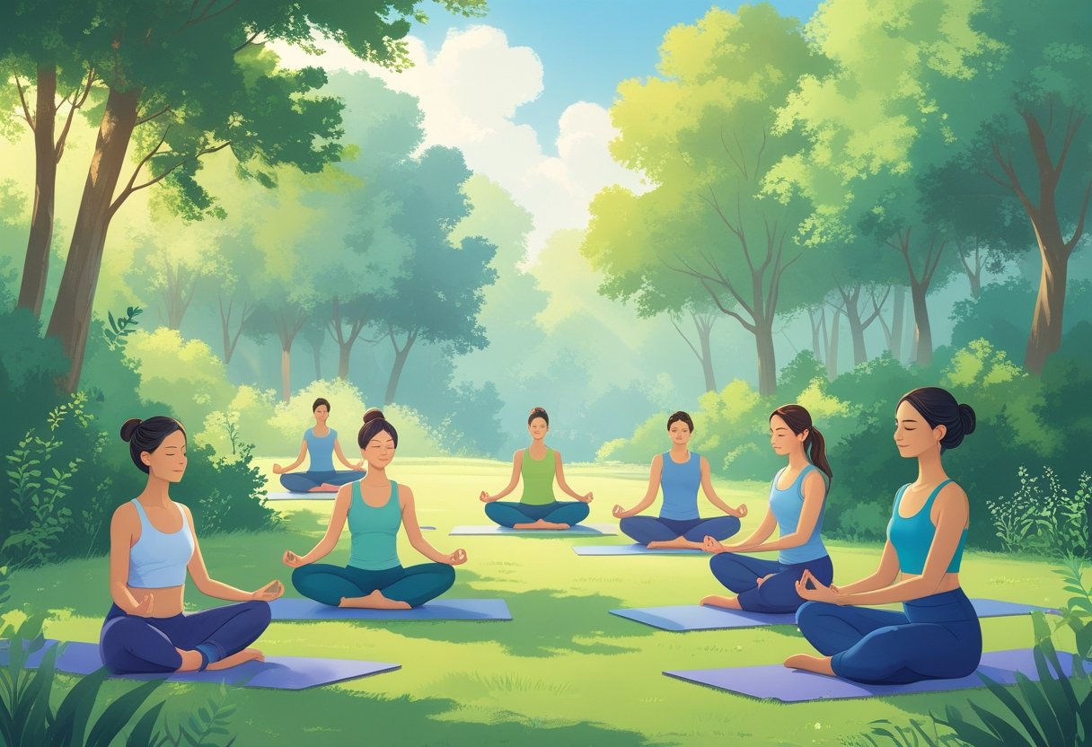People practicing yoga and meditation outdoors in a peaceful natural setting surrounded by trees and sunlight.