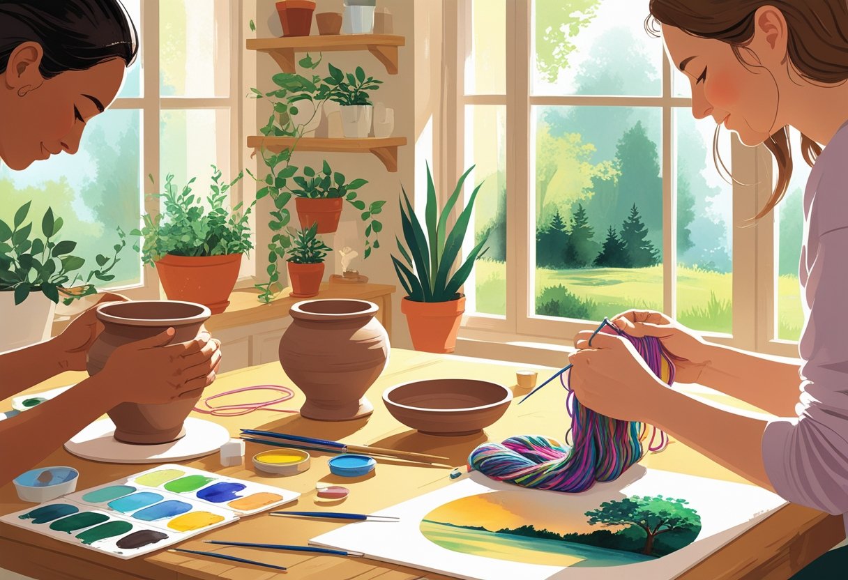 People engaged in hands-on hobbies like pottery and knitting at a sunlit wooden table surrounded by art supplies and plants.