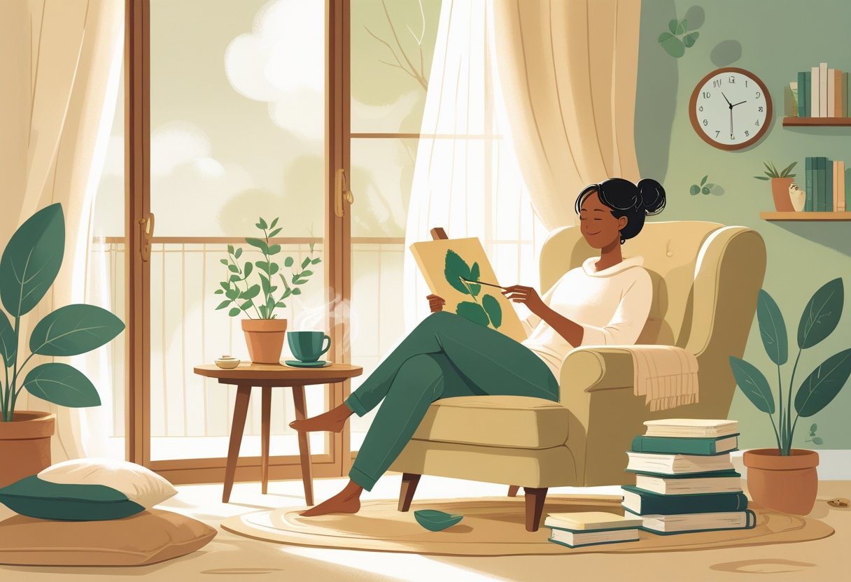 A person sitting by a window, calmly engaged in a hobby with a cup of tea and plants nearby, creating a peaceful and mindful atmosphere.