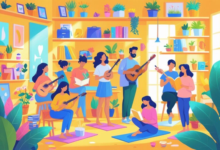 A group of people enjoying various hobbies like painting, playing instruments, gardening, reading, and doing yoga in a bright, welcoming room.