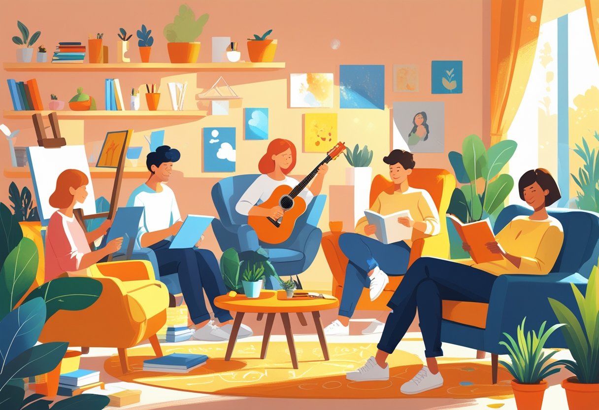 A group of people enjoying different hobbies indoors, including painting, playing guitar, reading, and gardening.