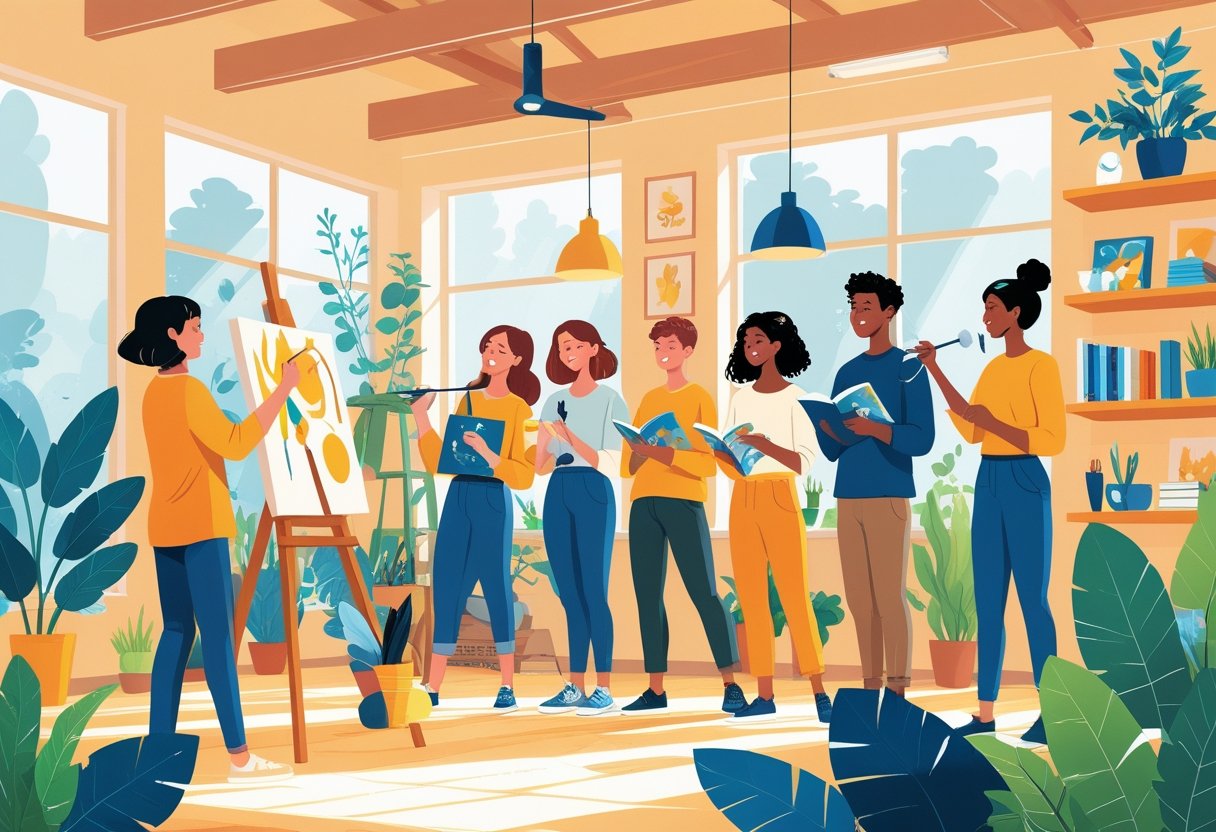 A group of people happily engaging in different hobbies like painting, playing music, gardening, reading, and exploring nature in a bright indoor space.