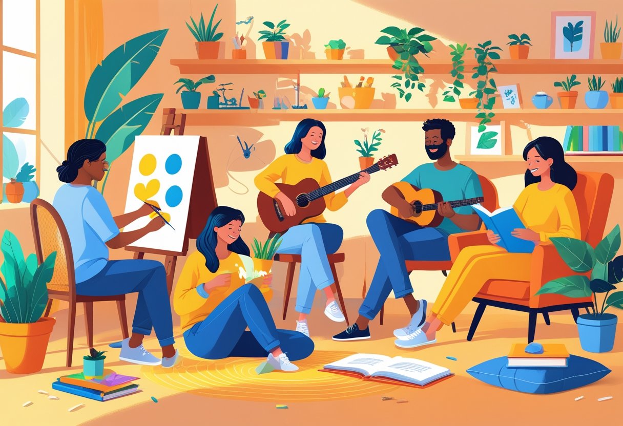 A group of people enjoying different hobbies such as painting, playing guitar, gardening, and reading in a cozy indoor space.