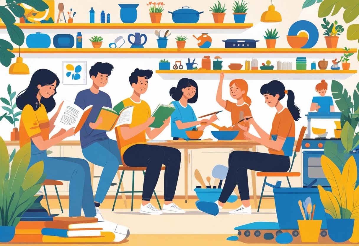 A group of people trying different hobbies like reading, sketching, pottery, and cooking in a bright, inviting room filled with hobby supplies.