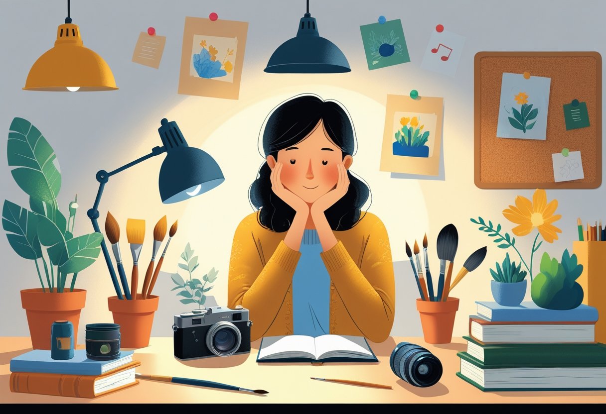 A person sitting at a desk surrounded by various hobby items, looking thoughtful and reflective.
