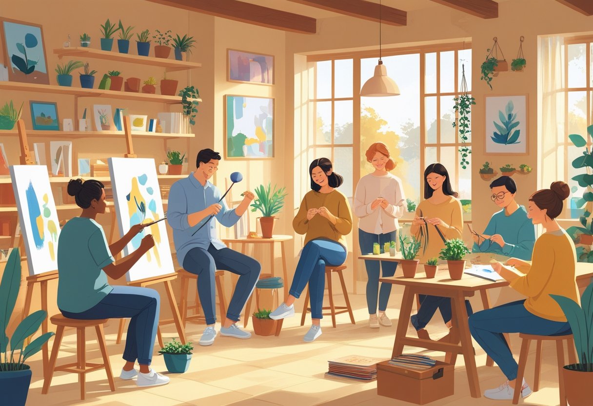 People of different ages and backgrounds happily engaged in various hobbies like painting, playing music, knitting, gardening, and writing in a bright, cozy room.