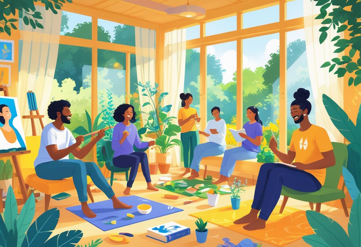 People enjoying different hobbies like painting, playing music, gardening, reading, and doing yoga in a bright room with a garden visible outside.